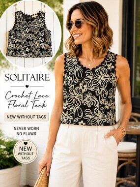 NWOT Solitaire Black Crochet Lace Floral Embroidered Tank Top Medium Boho Chic